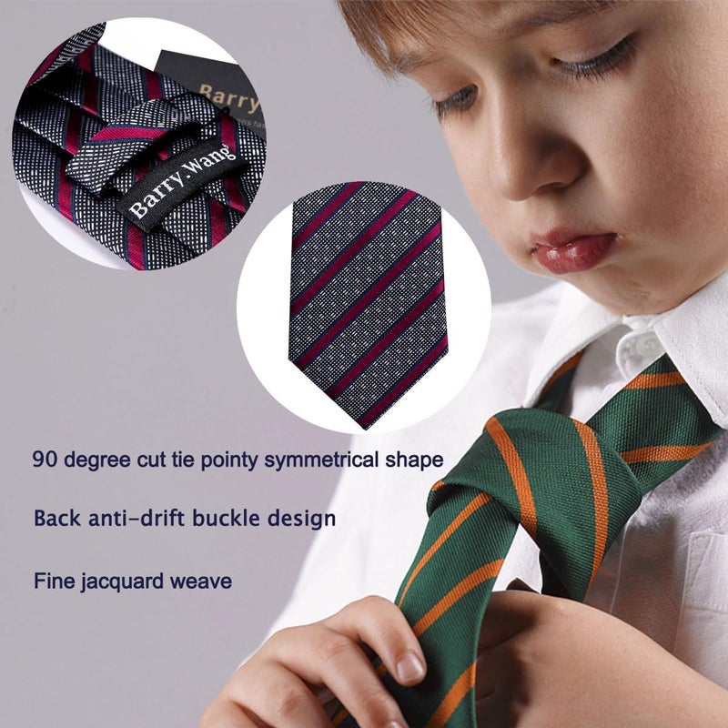 Barry.Wang Store Boy's Necktie Regular Silk Woven Stripe Solid Tie Pocket Square - Image 4